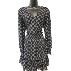 Michael Kors Black Silver Metallic Polka Dot Smocked Ruffle Mini Dress Medium
